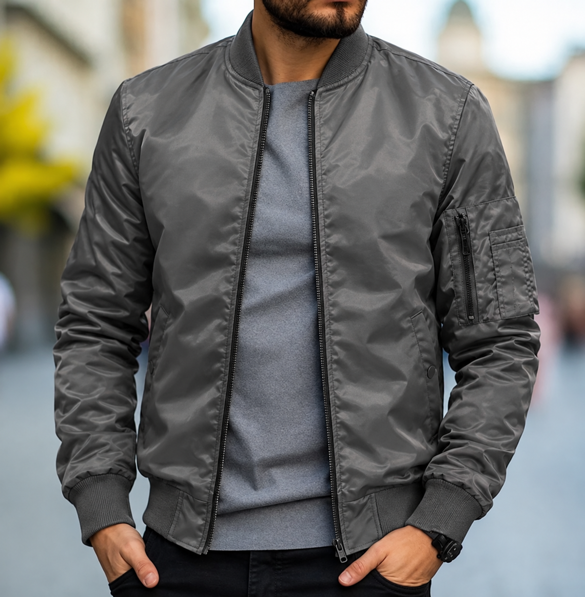 Men’s Bomber Jacket with Sleeve Zip Pocket Dark Gray