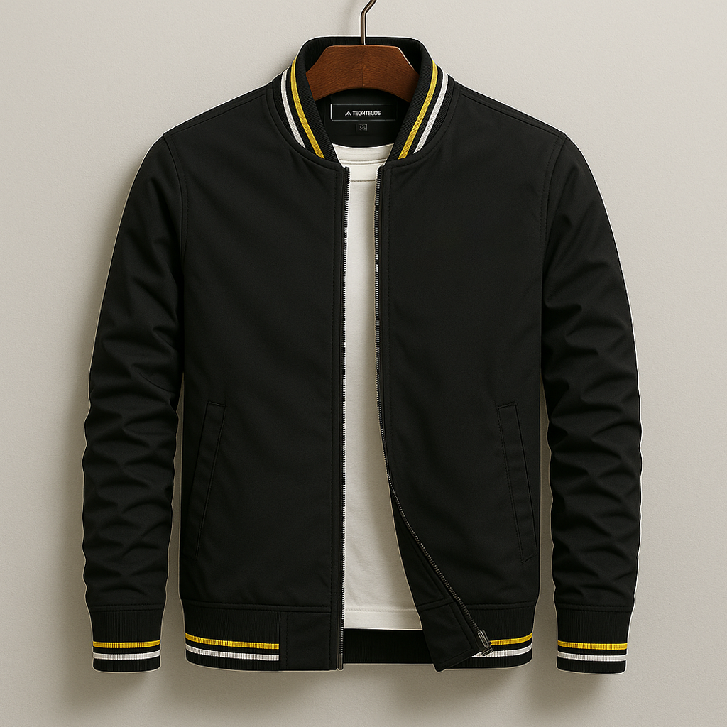 Men’s Bomber Jacket with Striped Ribbed Trim Black