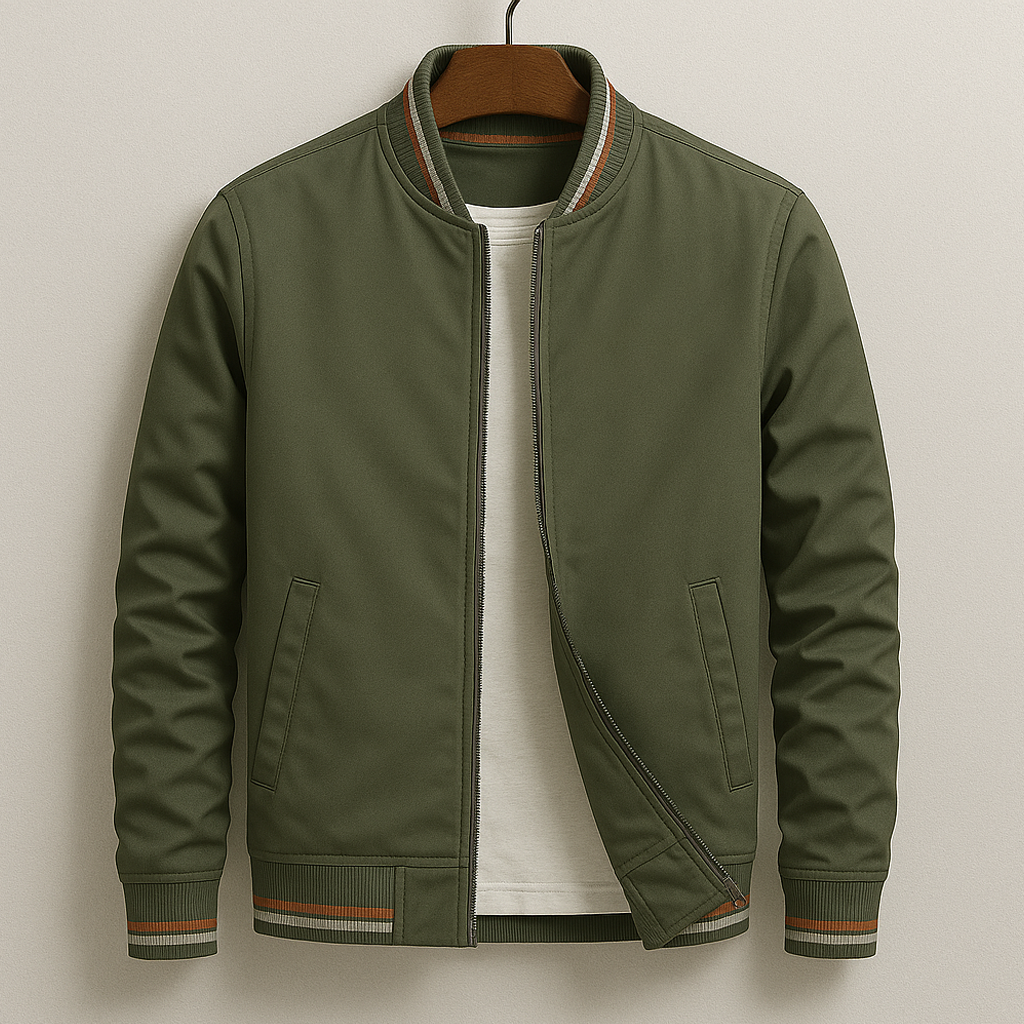 Men’s Bomber Jacket with Striped Ribbed Trim Green