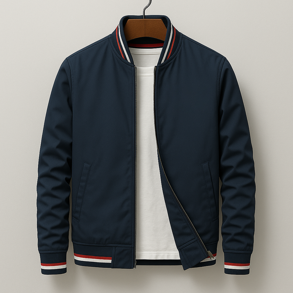Men’s Bomber Jacket with Striped Ribbed Trim Navy