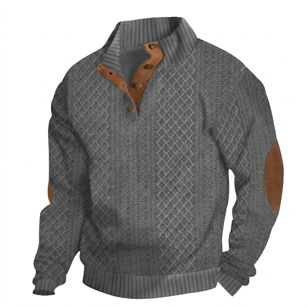 Men’s Cable Knit Sweater with Button Placket Dark Gray
