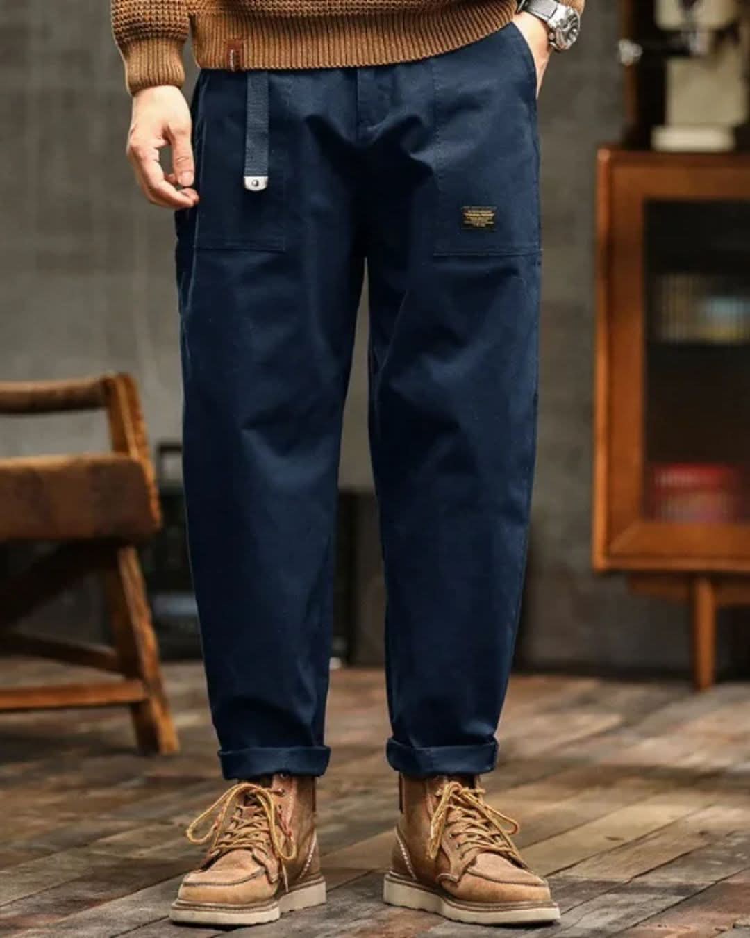 Men’s Cargo Pants with Patch Pockets and Belt Detail Blue