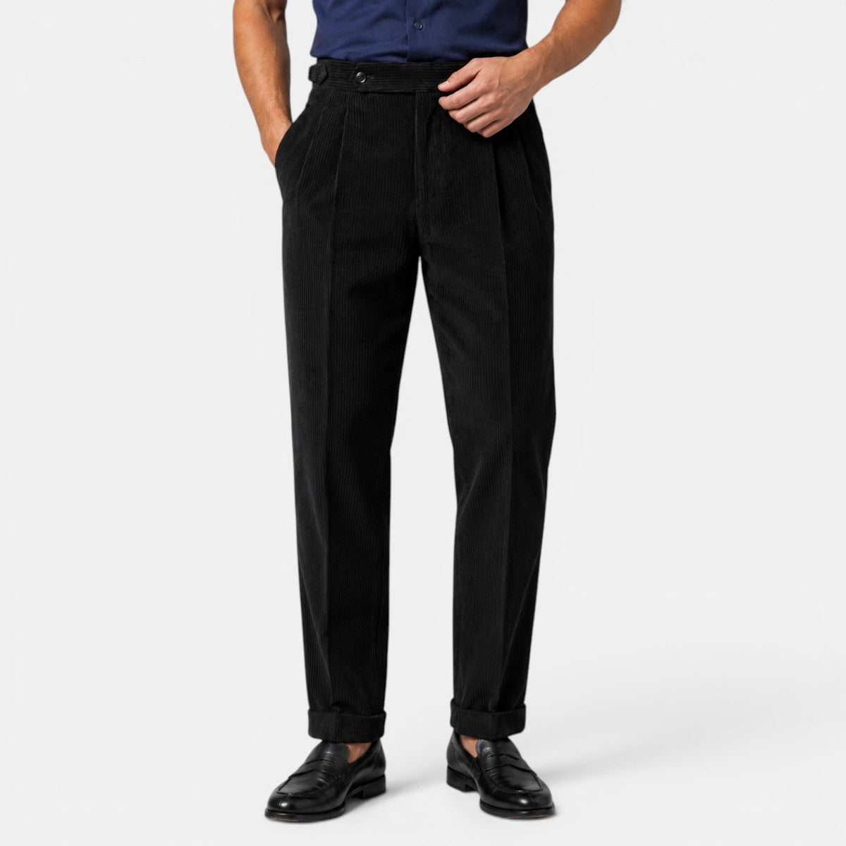 Men’s Corduroy Pleated Trousers with Cuffed Hems Black