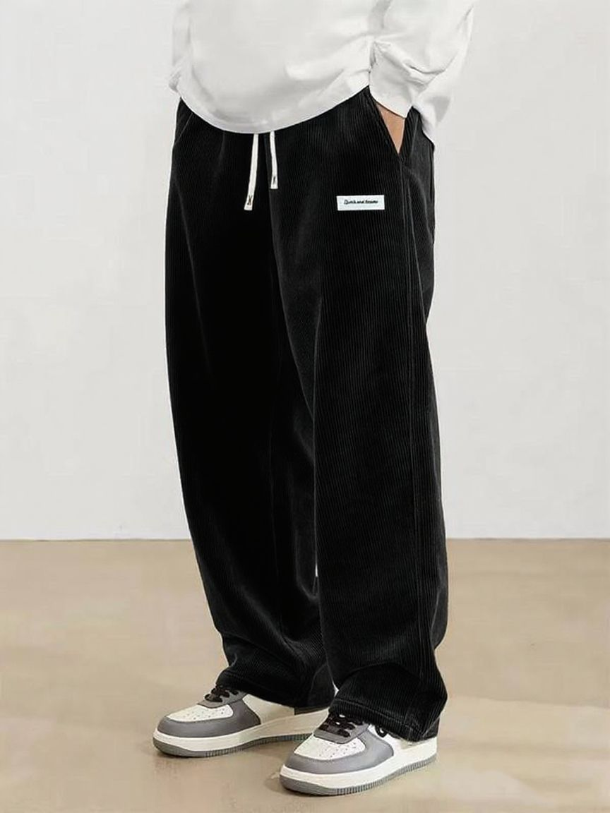 Men’s Corduroy Straight Leg Drawstring Trousers Black
