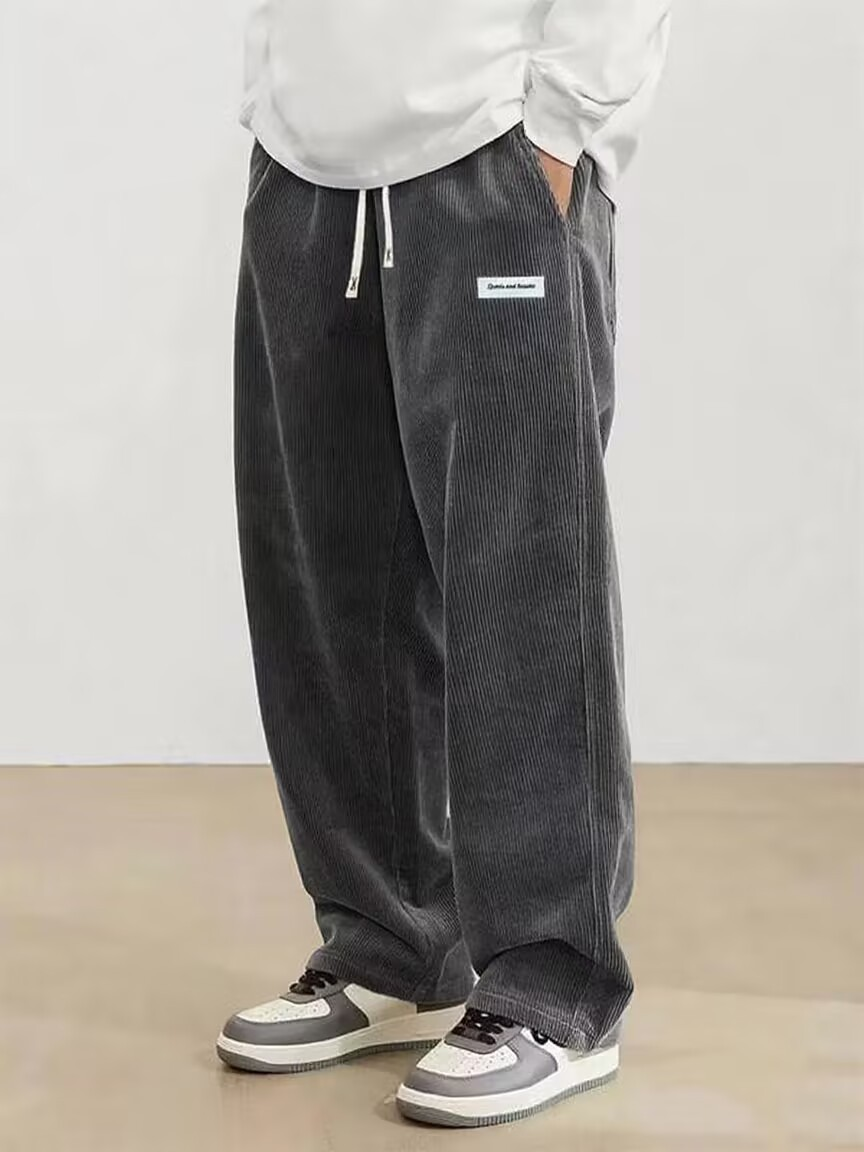 Men’s Corduroy Straight Leg Drawstring Trousers Grey