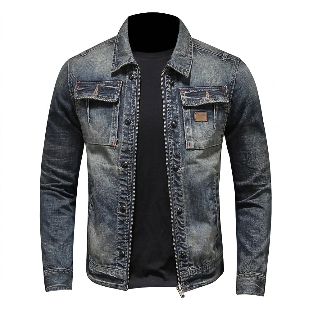 Men’s Denim Jacket with Zipper and Flap Pockets Dark Blue