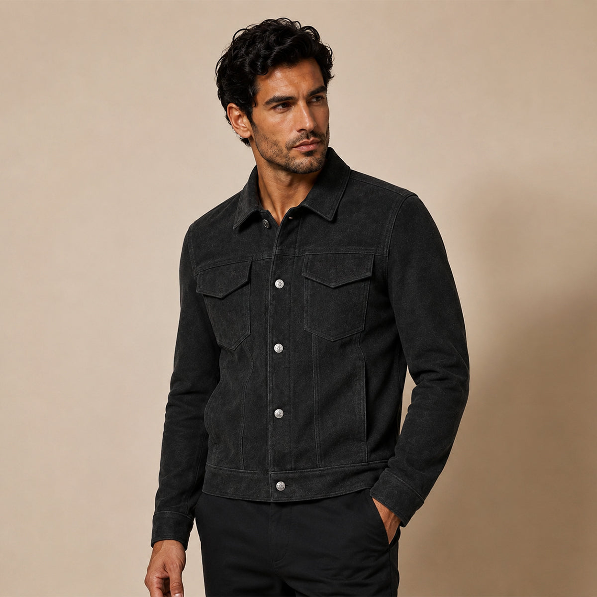 Men’s Faux Suede Trucker Jacket with Snap Buttons Black