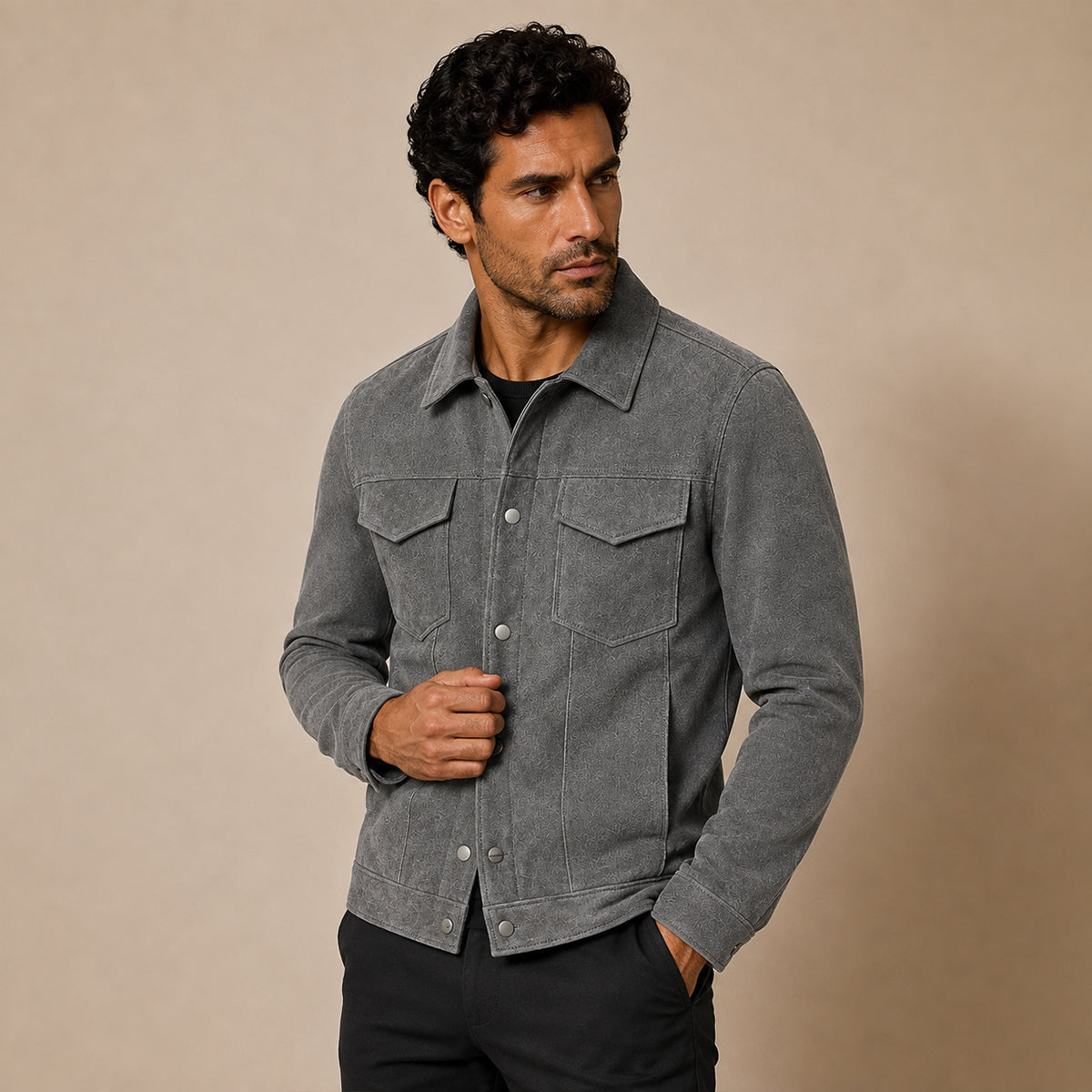 Men’s Faux Suede Trucker Jacket with Snap Buttons Gray