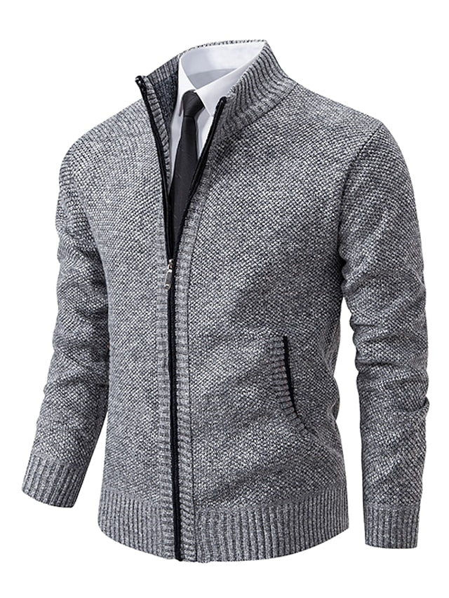 Men’s Full Zip Knit Cardigan with Stand Collar Gray