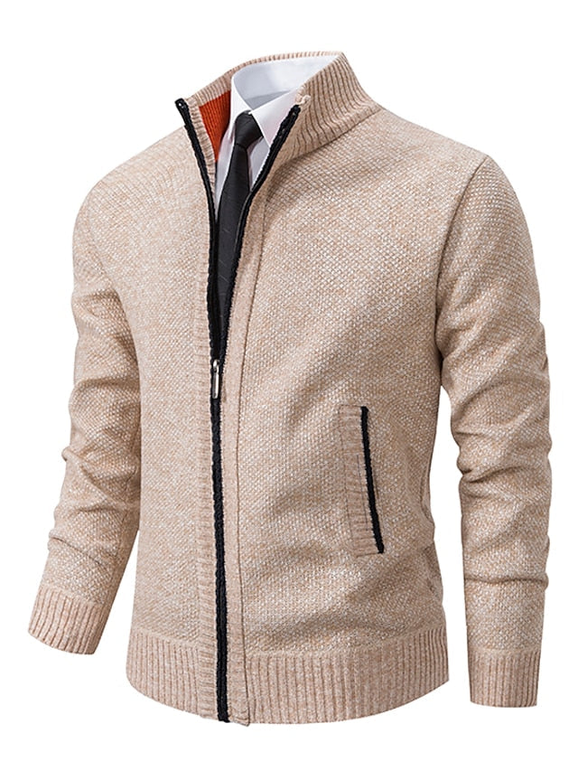 Men’s Full Zip Knit Cardigan with Stand Collar Khaki