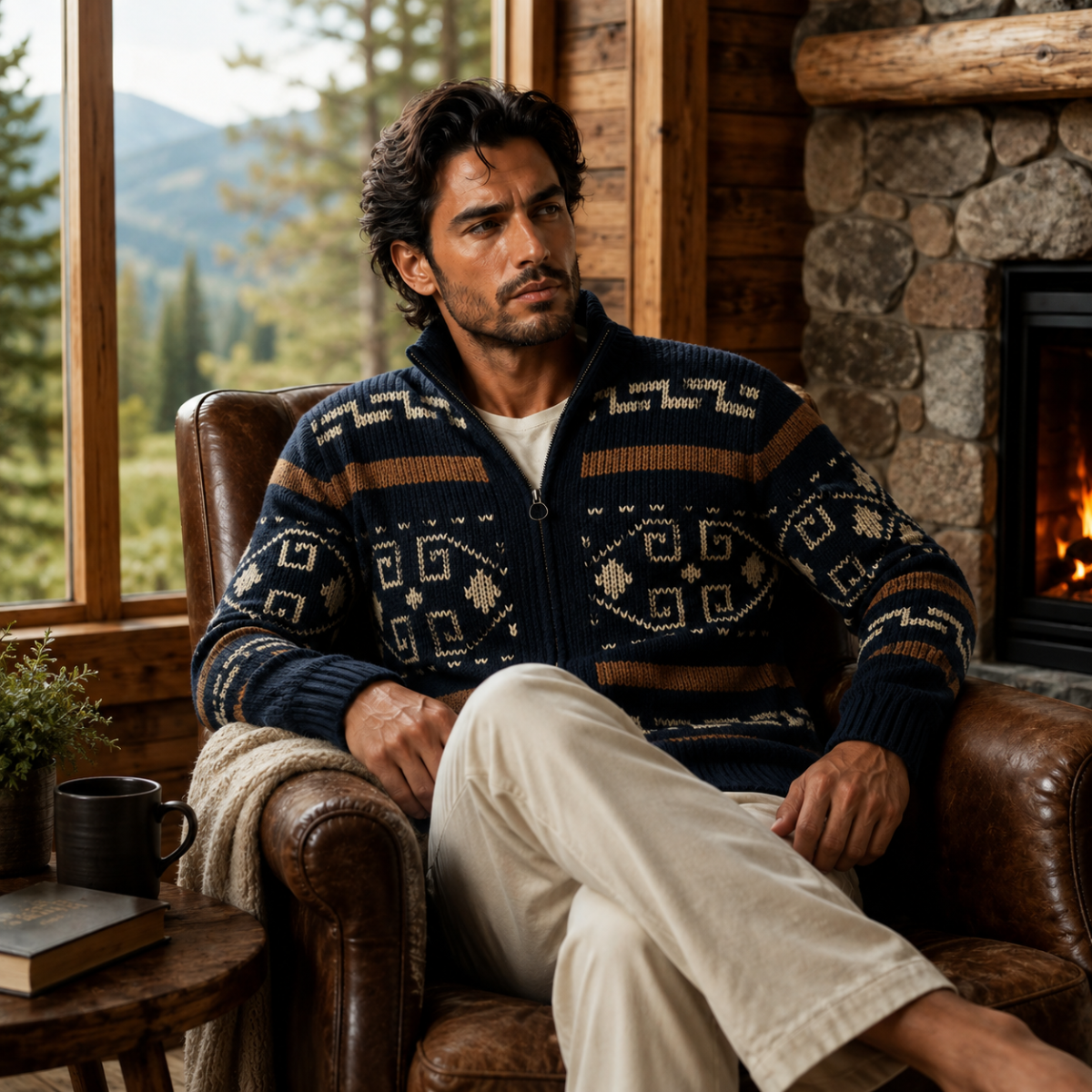 Men’s Geometric Pattern Knit Zip Cardigan 6