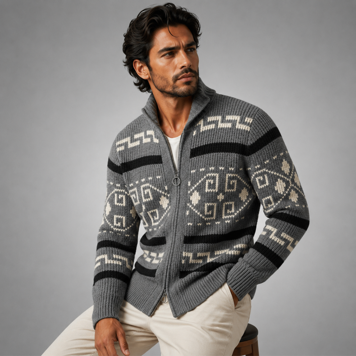 Men’s Geometric Pattern Knit Zip Cardigan Gray