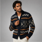 Men’s Geometric Pattern Knit Zip Cardigan Navy