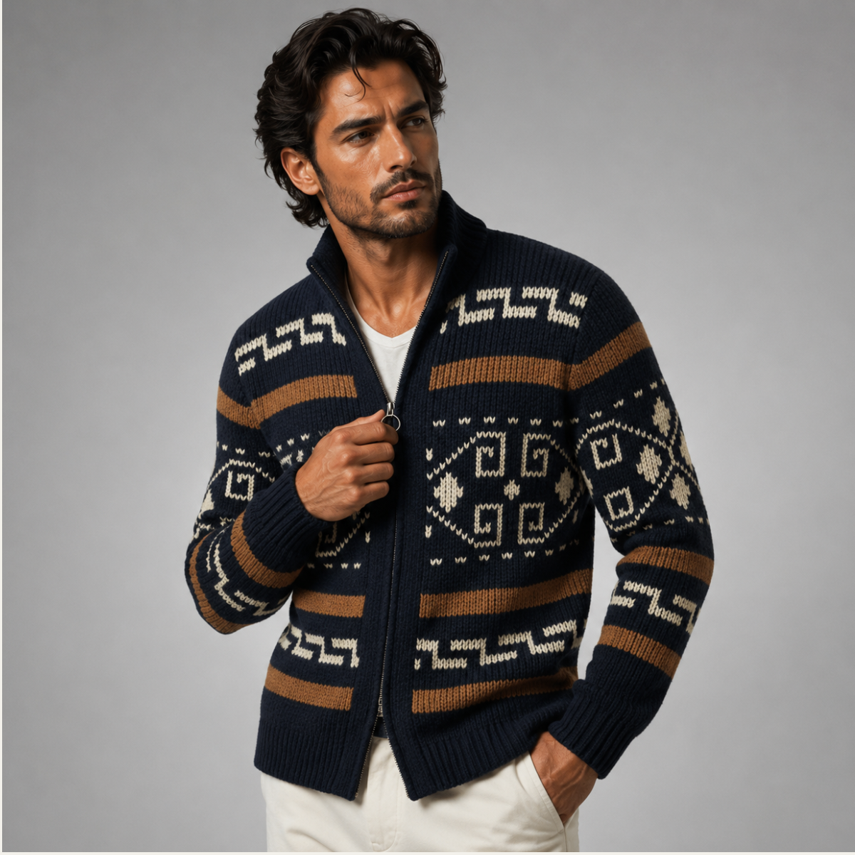 Men’s Geometric Pattern Knit Zip Cardigan Navy