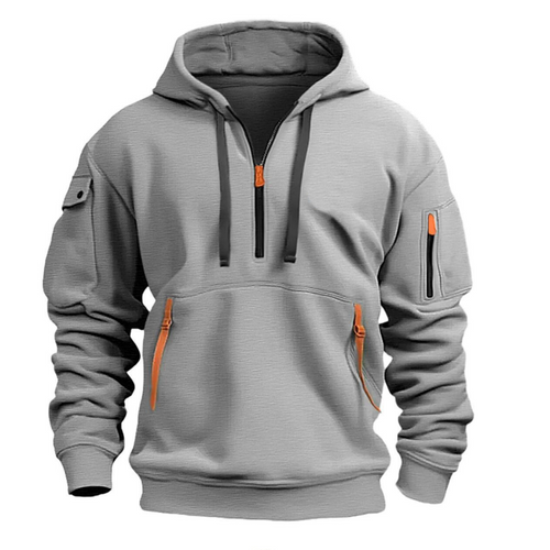 Men’s Half-Zip Pullover Hoodie with Utility Pockets Light Gray