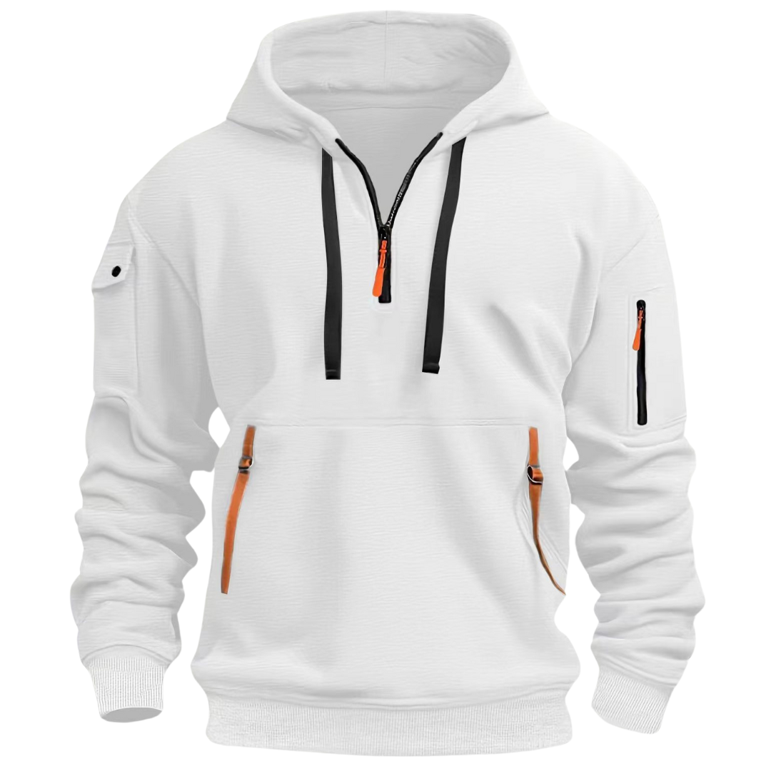 Men’s Half-Zip Pullover Hoodie with Utility Pockets White