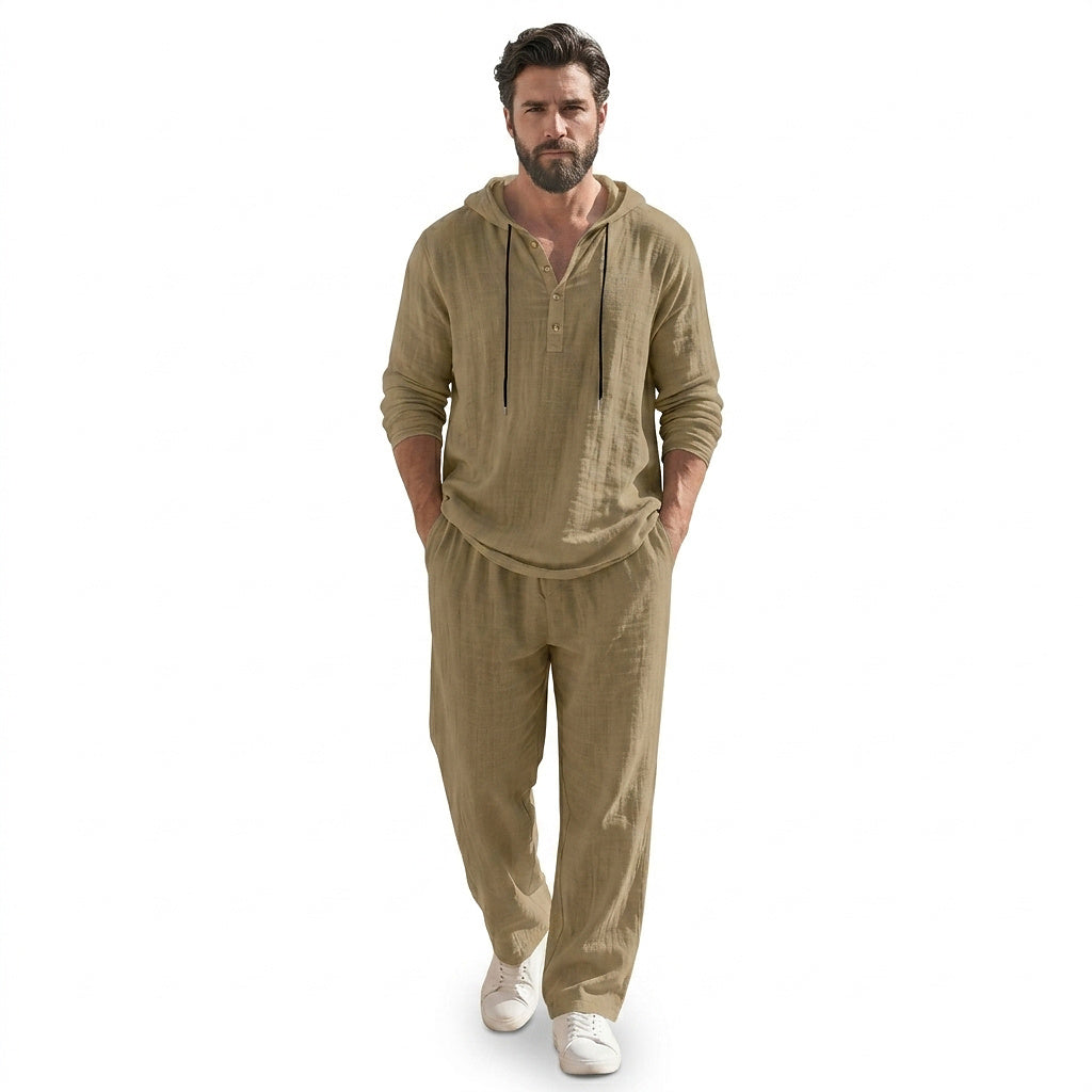 Men’s Hooded Pullover and Wide Leg Trousers Matching Set Khaki
