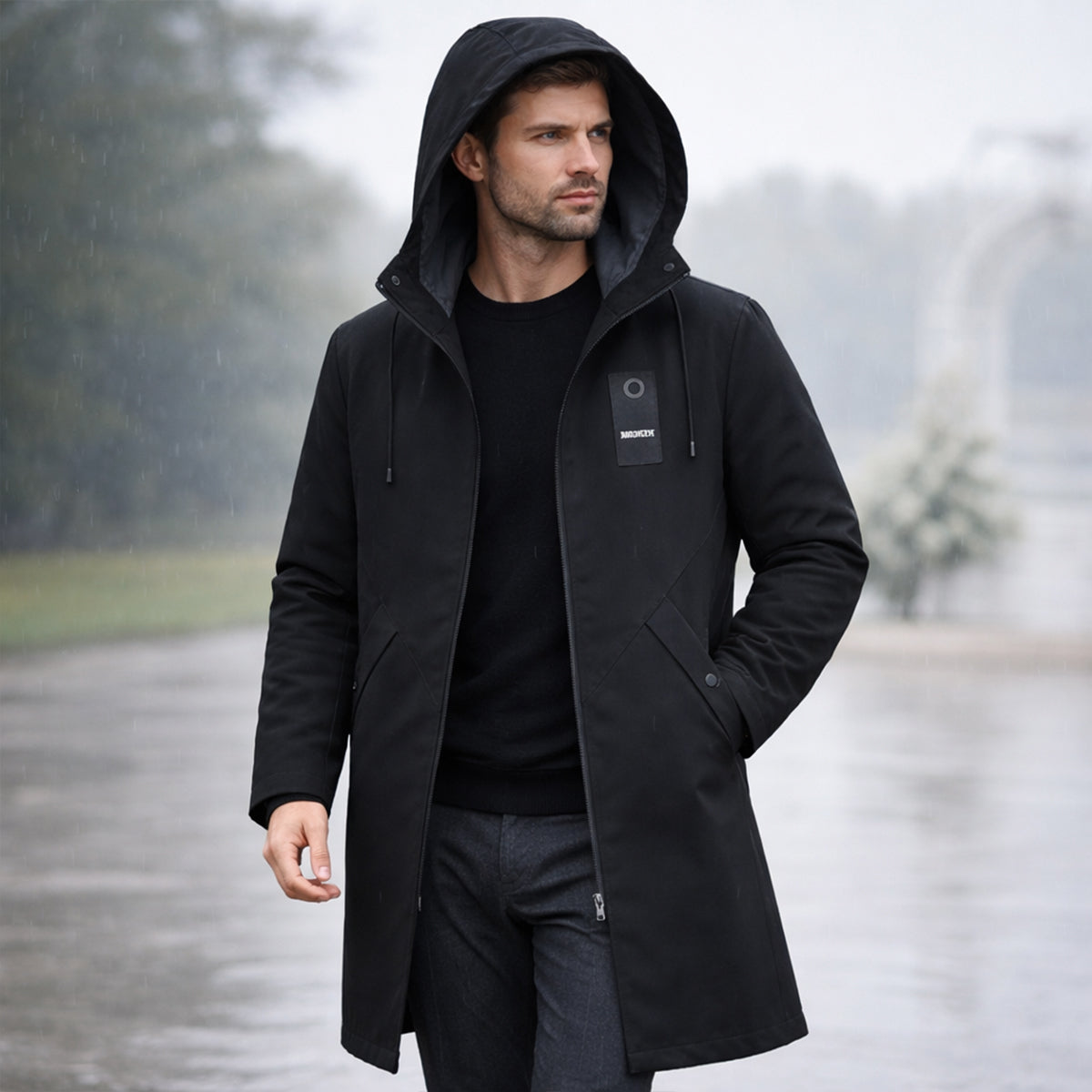 Men’s Long Hooded Jacket with Front Zip and Drawstring Black