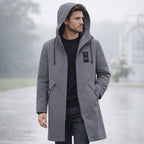 Men’s Long Hooded Jacket with Front Zip and Drawstring Gray