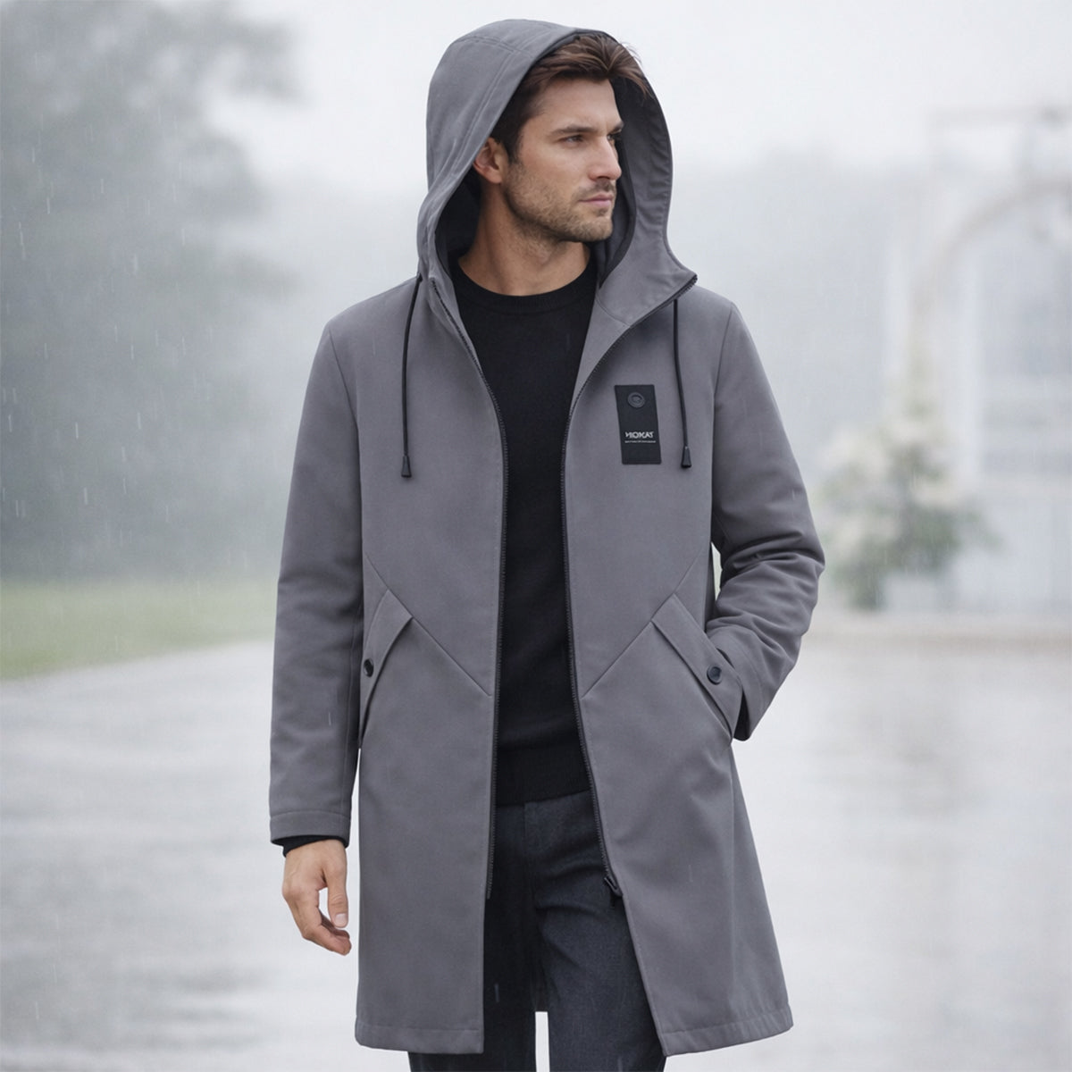 Men’s Long Hooded Jacket with Front Zip and Drawstring Gray