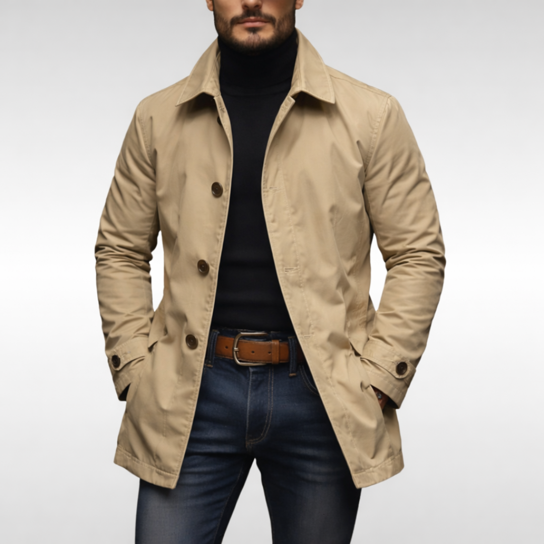 Men’s Mid-Length Button-Front Coat with Point Collar Beige
