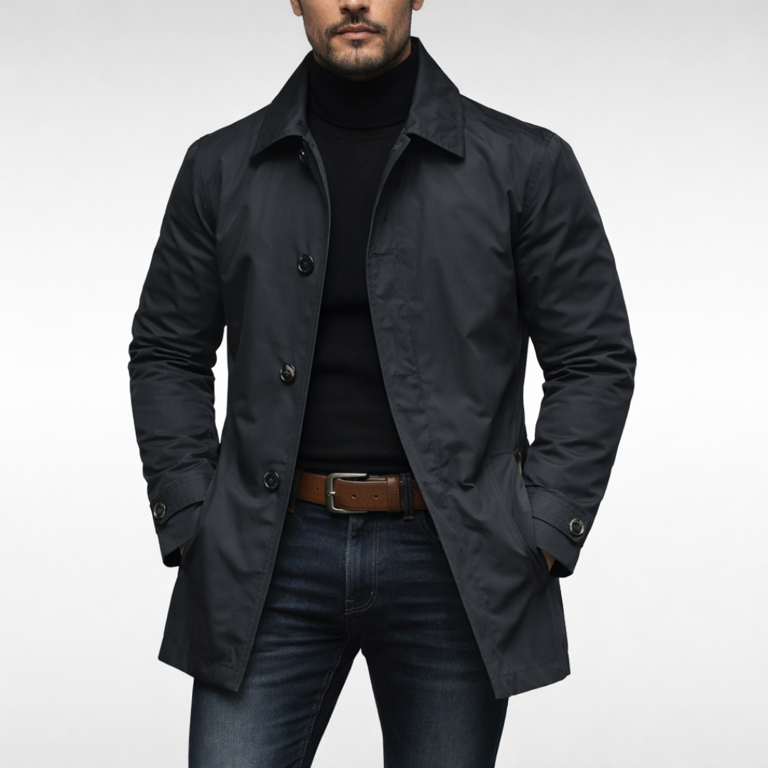 Men’s Mid-Length Button-Front Coat with Point Collar Black