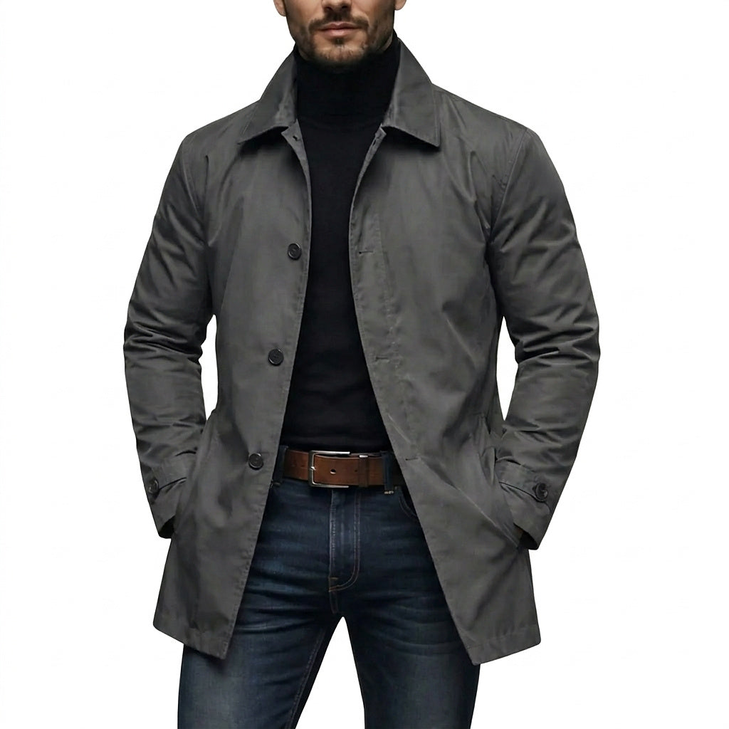 Men’s Mid-Length Button-Front Coat with Point Collar Grey
