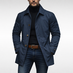 Men’s Mid-Length Button-Front Coat with Point Collar Navy Blue