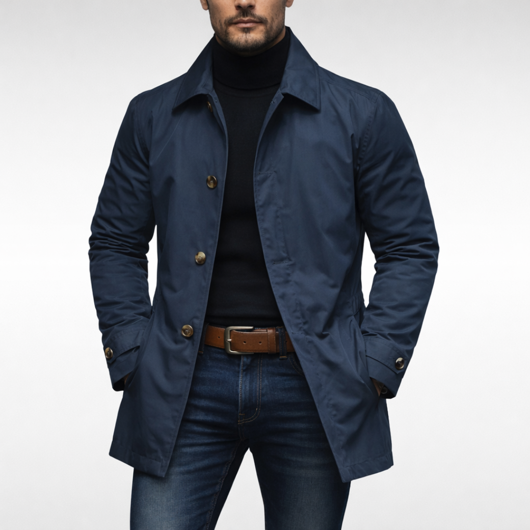 Men’s Mid-Length Button-Front Coat with Point Collar Navy Blue
