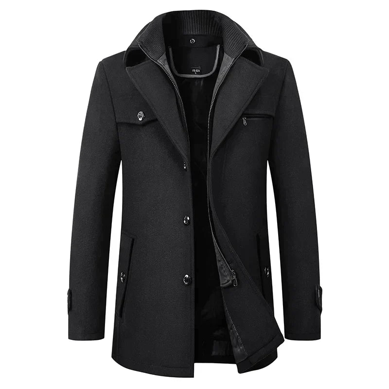 Men’s Mid-Length Pea Coat with Zip-Up Inner Layer Black