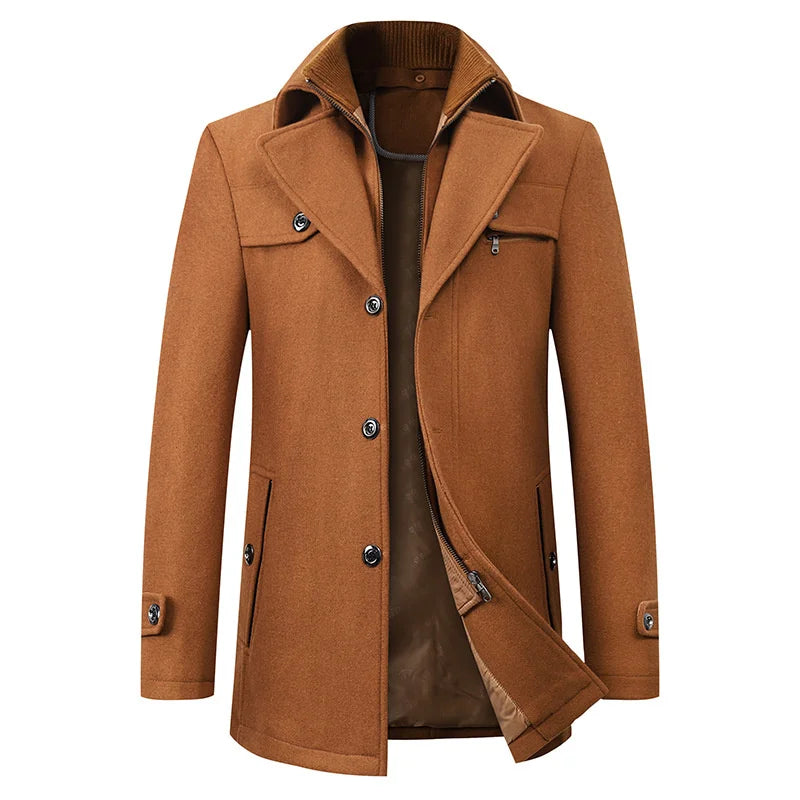 Men’s Mid-Length Pea Coat with Zip-Up Inner Layer Brown