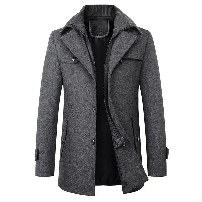 Men’s Mid-Length Pea Coat with Zip-Up Inner Layer Grey