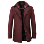 Men’s Mid-Length Pea Coat with Zip-Up Inner Layer Maroon