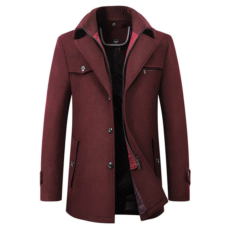 Men’s Mid-Length Pea Coat with Zip-Up Inner Layer Maroon