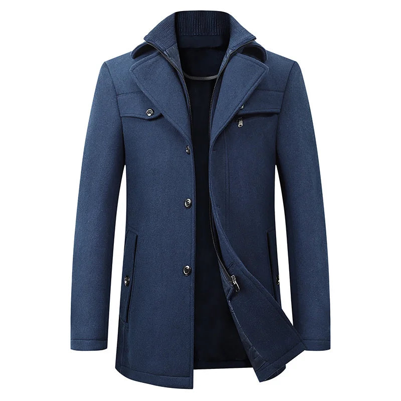 Men’s Mid-Length Pea Coat with Zip-Up Inner Layer Navy