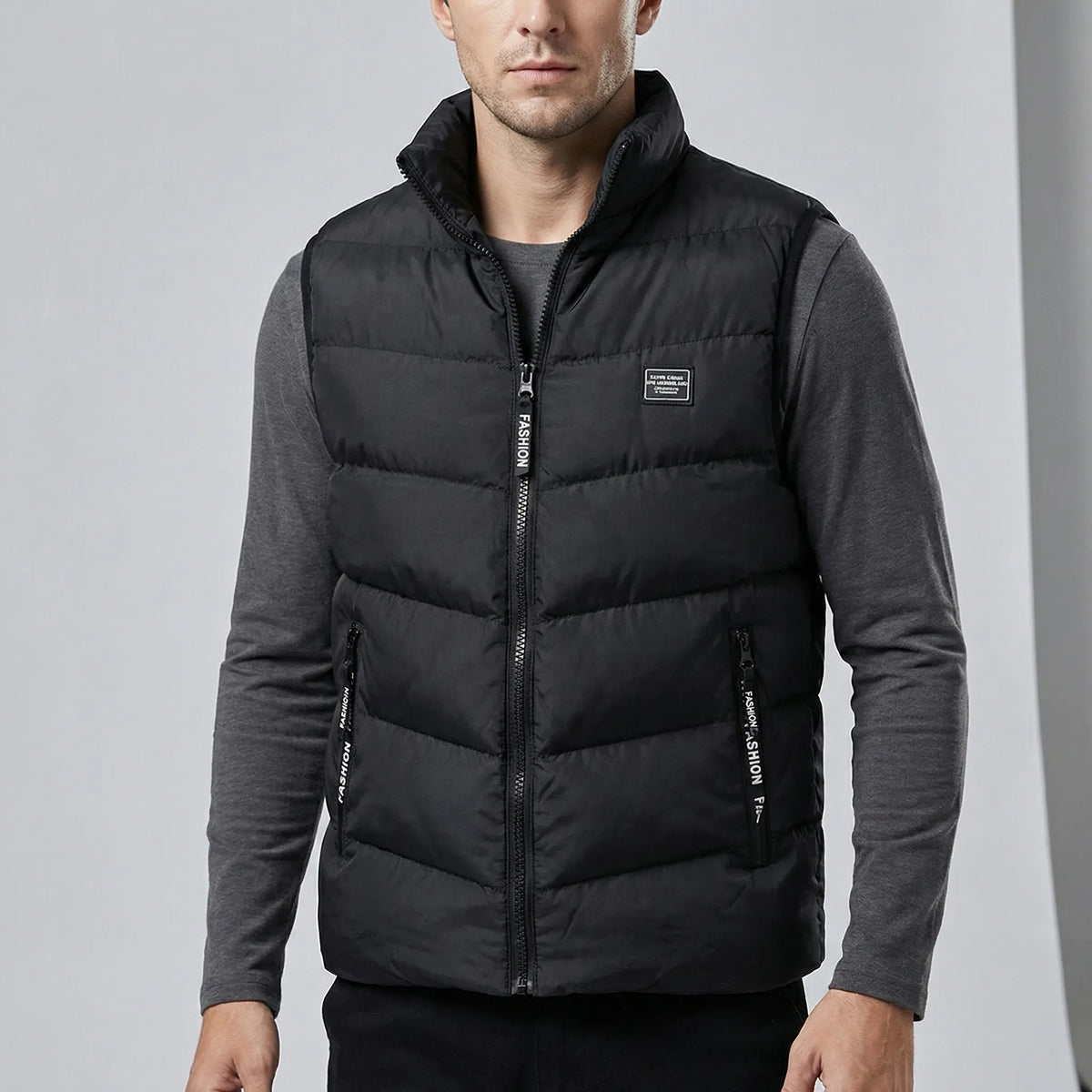 Men’s Padded Vest with Stand Collar and Zip Closure 1