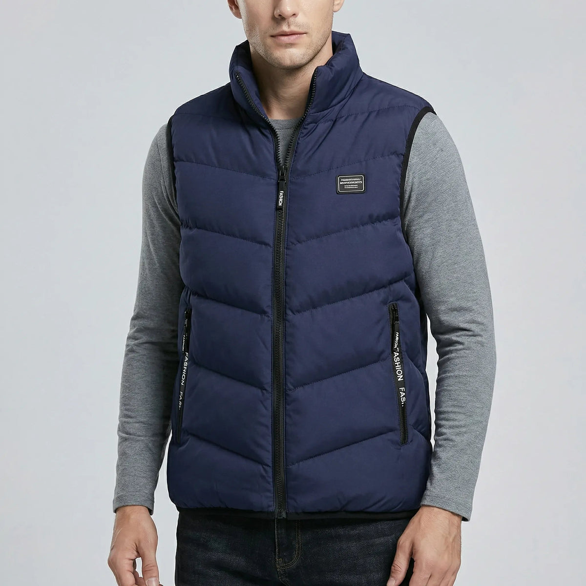 Men’s Padded Vest with Stand Collar and Zip Closure Dark Blue