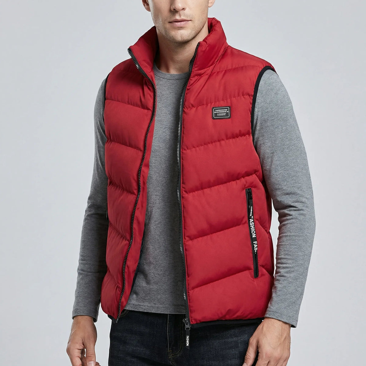 Men’s Padded Vest with Stand Collar and Zip Closure Red