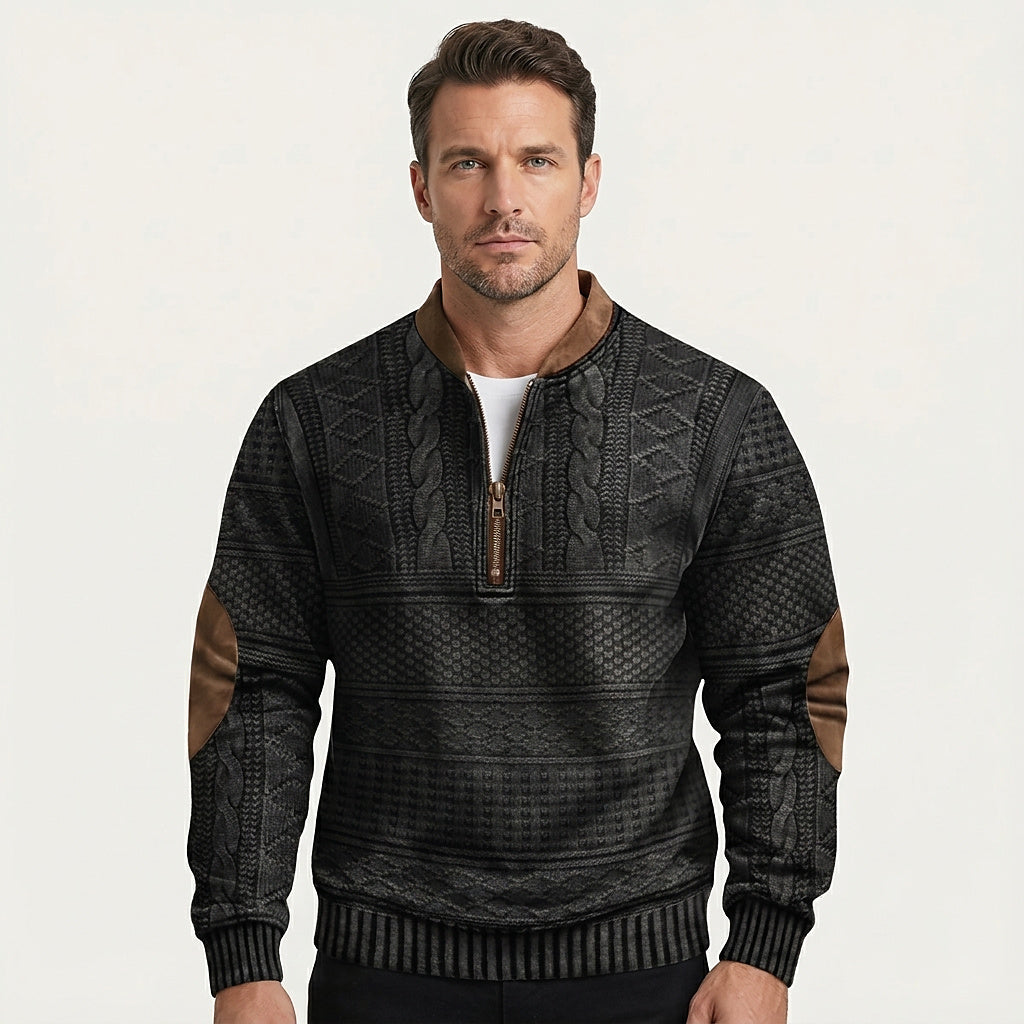 Men’s Quarter Zip Patterned Knit Sweater with Elbow Patches 1