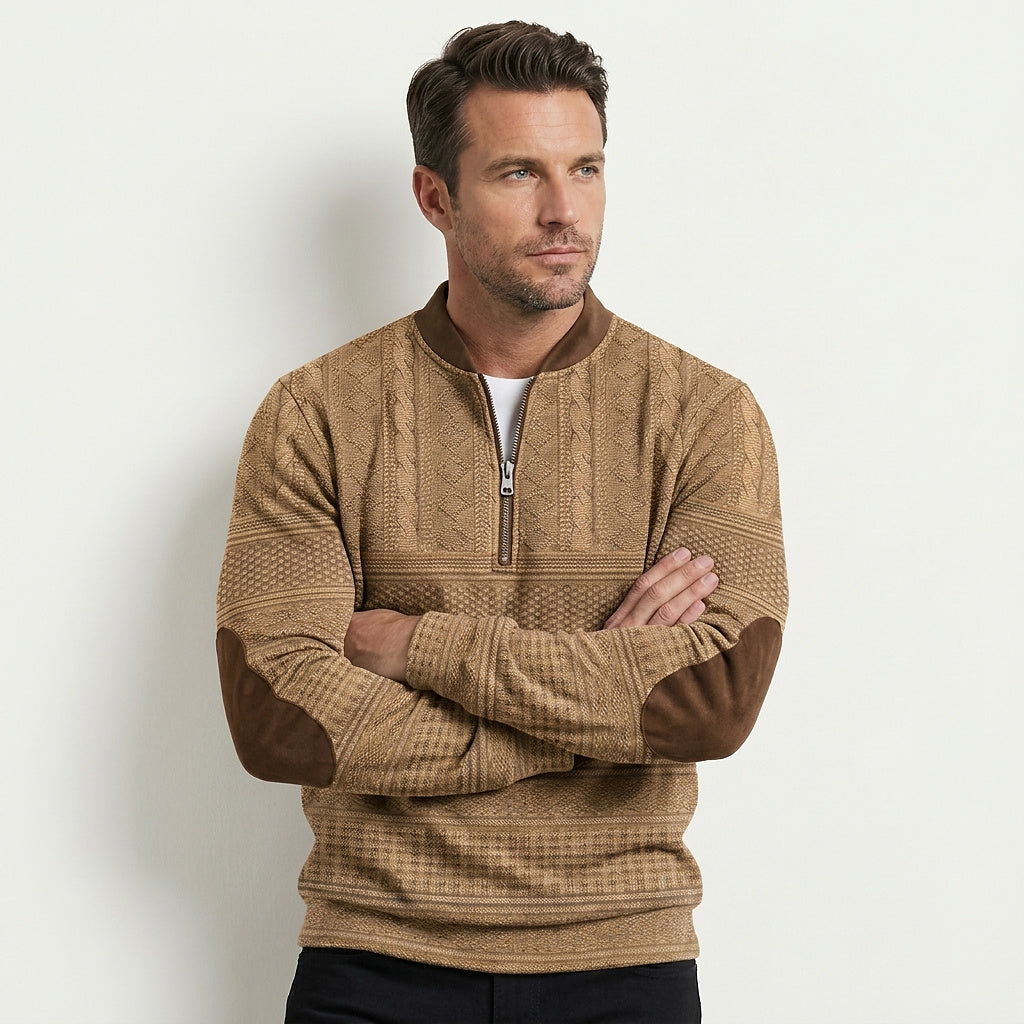 Men’s Quarter Zip Patterned Knit Sweater with Elbow Patches 3