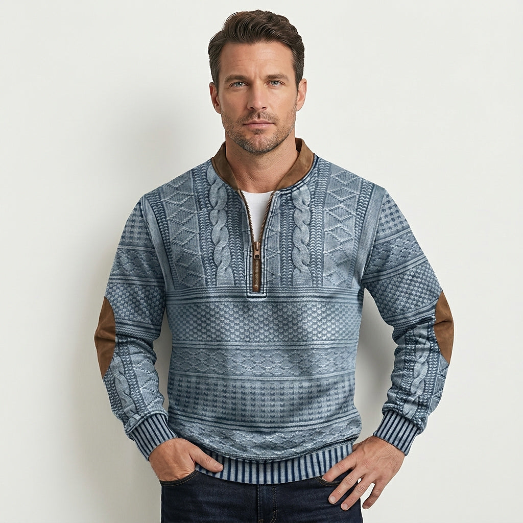 Men’s Quarter Zip Patterned Knit Sweater with Elbow Patches 4
