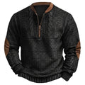 Men’s Quarter Zip Patterned Knit Sweater with Elbow Patches Black