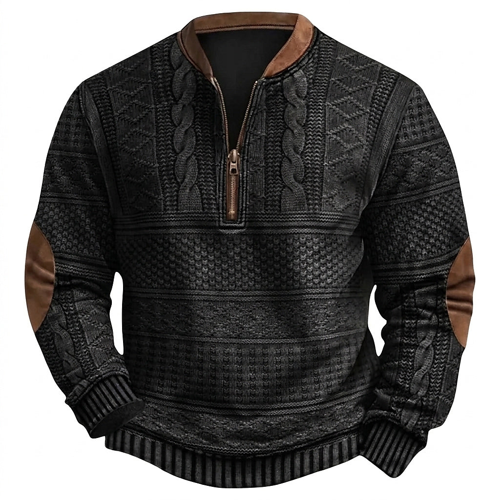 Men’s Quarter Zip Patterned Knit Sweater with Elbow Patches Black