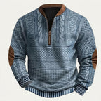 Men’s Quarter Zip Patterned Knit Sweater with Elbow Patches Blue