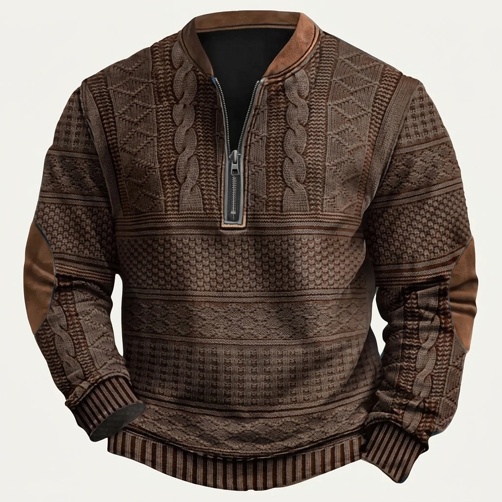 Men’s Quarter Zip Patterned Knit Sweater with Elbow Patches Dark Brown