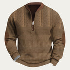 Men’s Quarter Zip Patterned Knit Sweater with Elbow Patches Light Brown