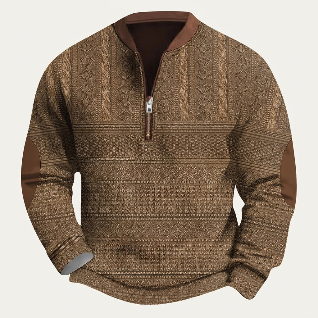 Men’s Quarter Zip Patterned Knit Sweater with Elbow Patches Light Brown