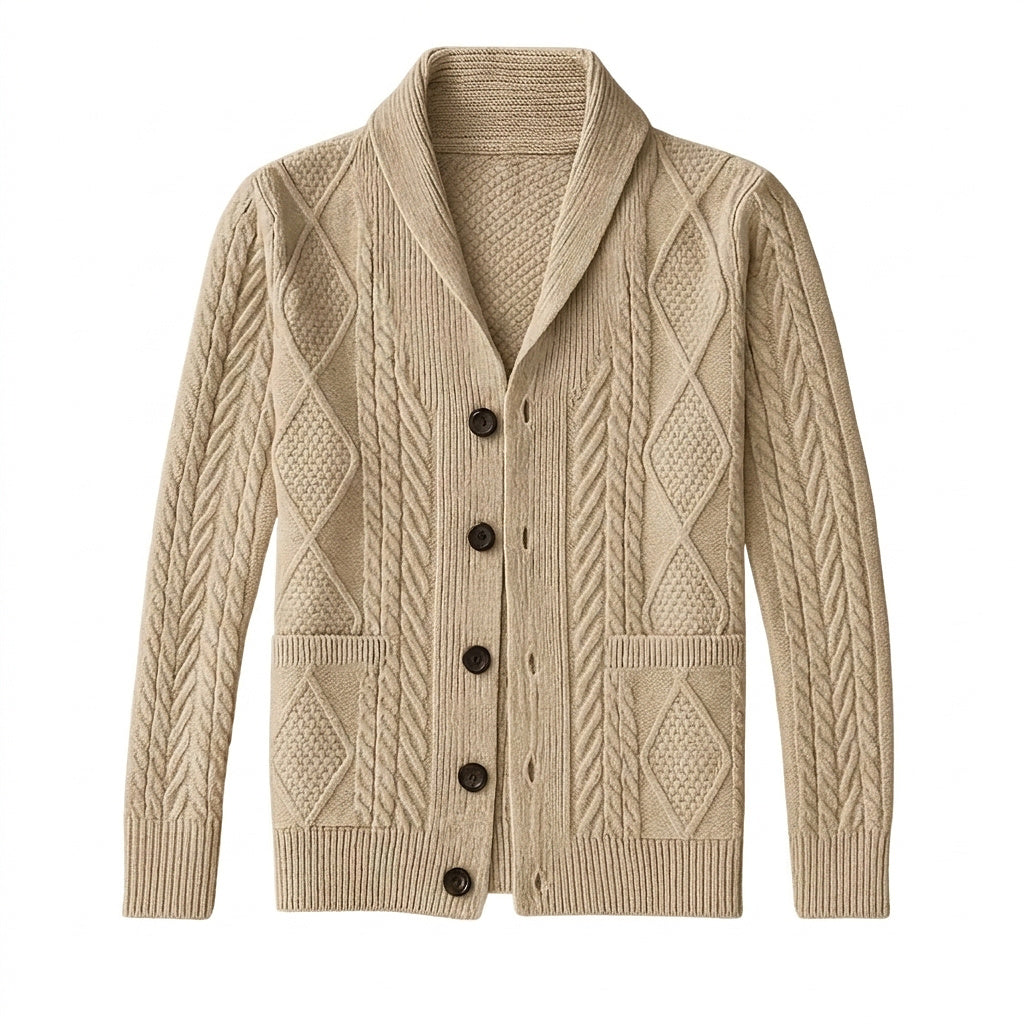 Men’s Shawl Collar Cable Knit Cardigan Beige