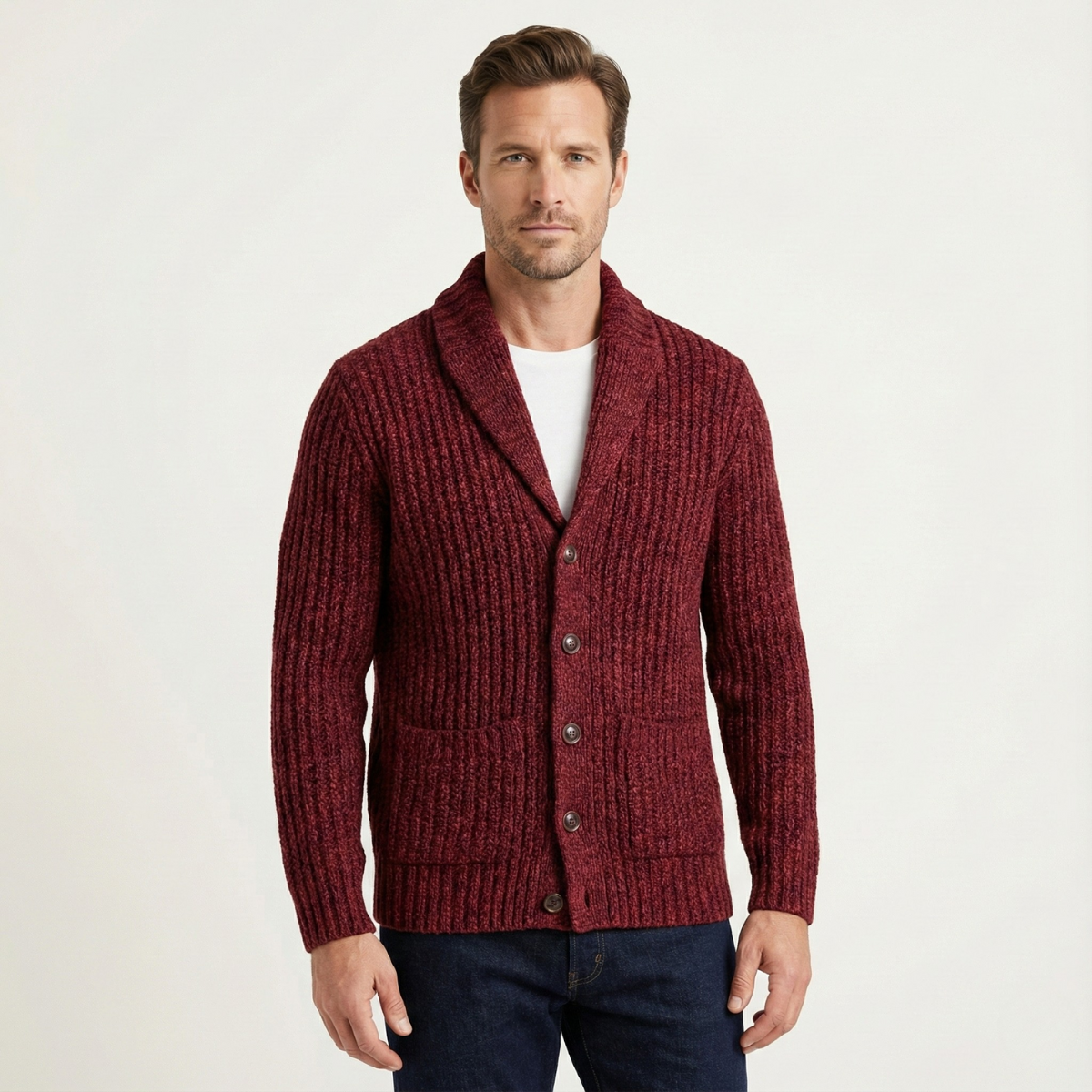 Men’s Shawl Collar Ribbed Knit Cardigan 1