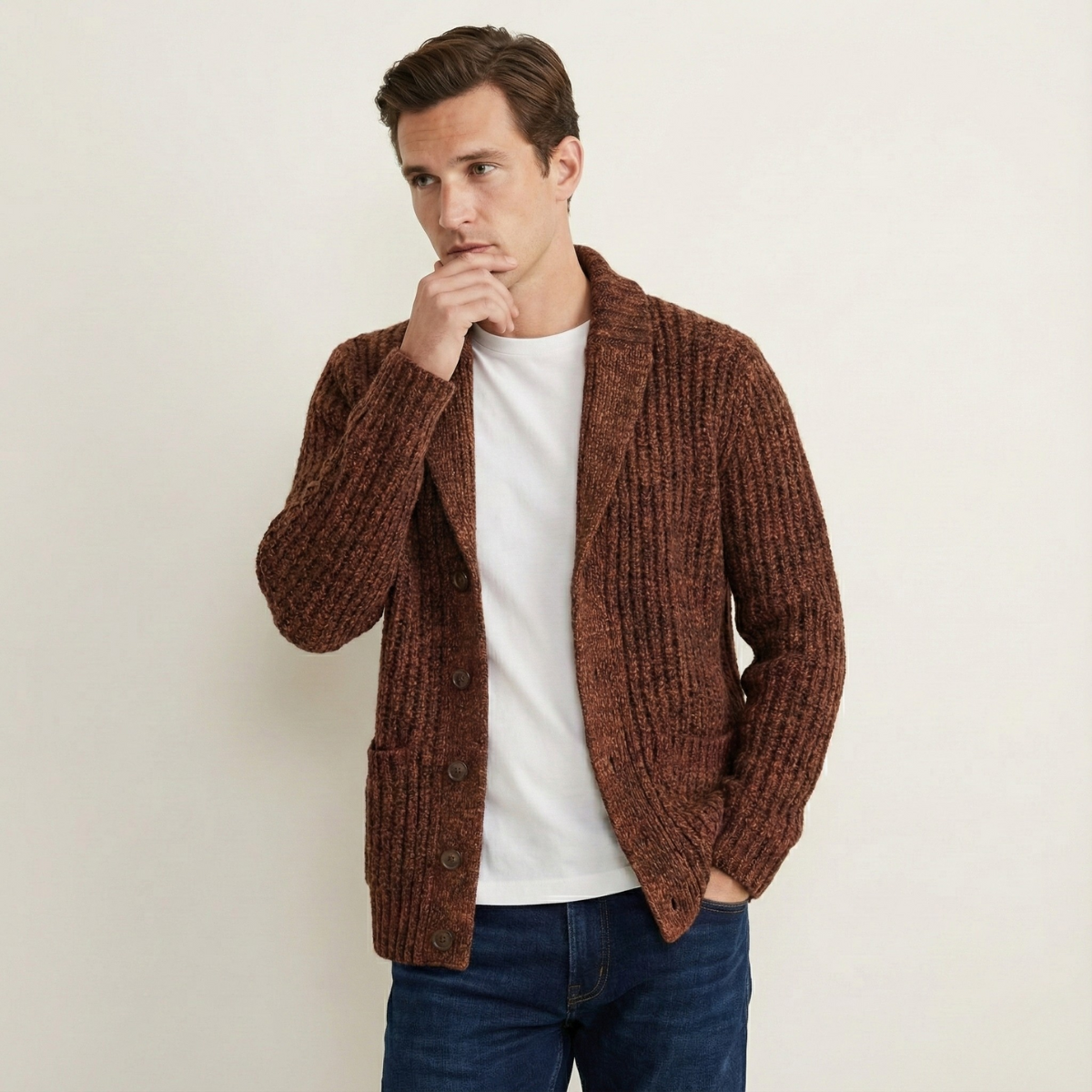 Men’s Shawl Collar Ribbed Knit Cardigan 2